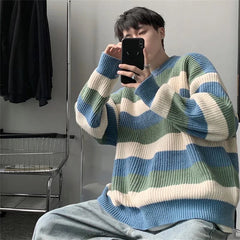 Thick Striped Sweater Men's Loose Round Neck Sweater
