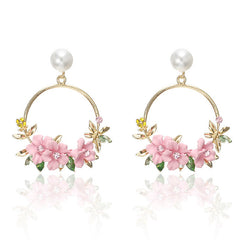 Trendy Cute Pink Flower Earrings For Women Girls Jewelry Female Rhinestone Gold Metal Round Circle Earrings Gift