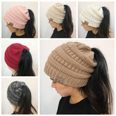 Women Beanietail Messy High Bun Ponytail Stretchy Knit Beanie Skull Warm Hat Women Beanietail Beanie Skull Winter Hat