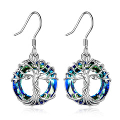 Tree of Life Earrings Sterling Silver Dangle Drop Earrings with Blue Circle Crystal Fashion Jewelry
