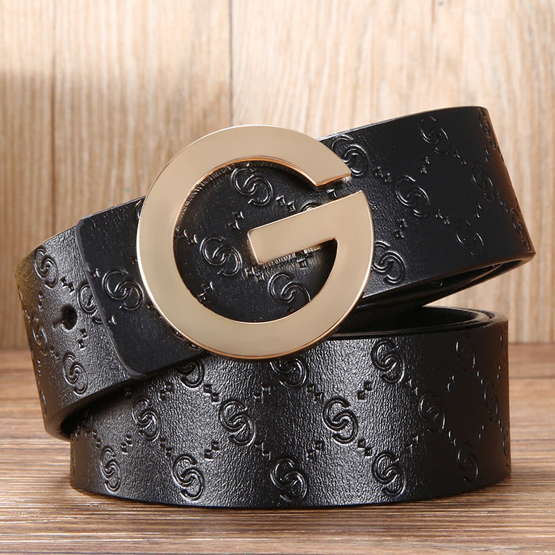 Men'S Belt Leather Middle-Aged And Young Korean Letter G Youth Belt Smooth Buckle Top Layer Pure Cowhide Belt Men