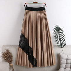 Early Autumn New High-waisted, Thin, Large-length, Elastic Waist, Pleated Stitching, Lace, Mid-length Skirt, Female Skirt