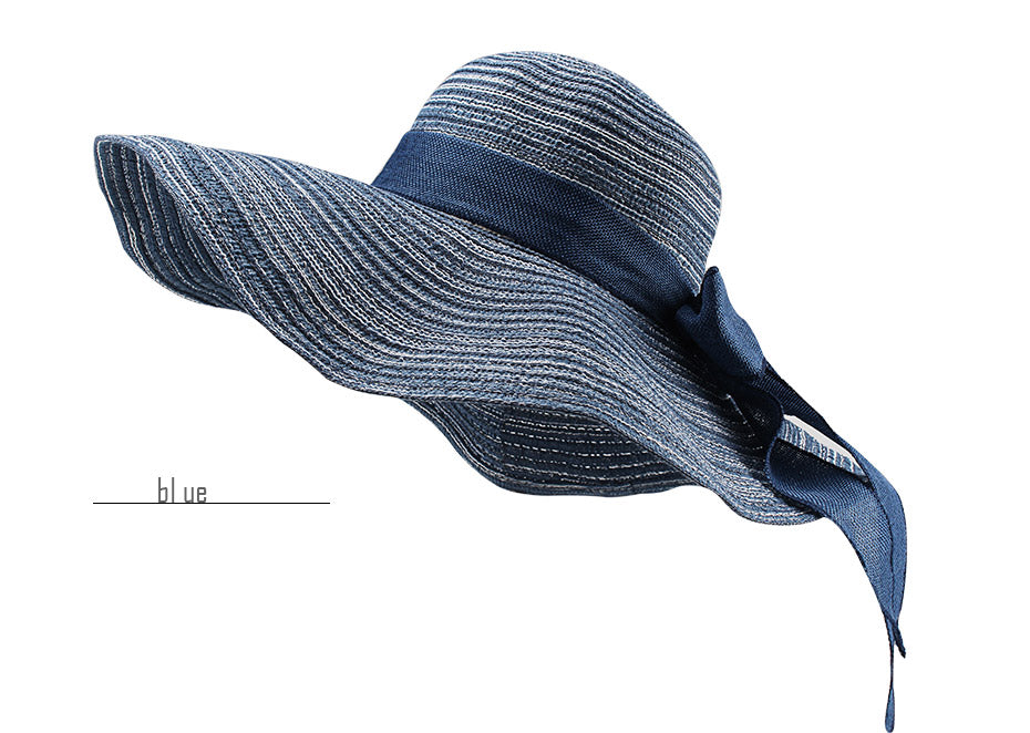 Summer new visor cotton and linen foldable casual fashion hat bow big  ladies straw hat beach hat