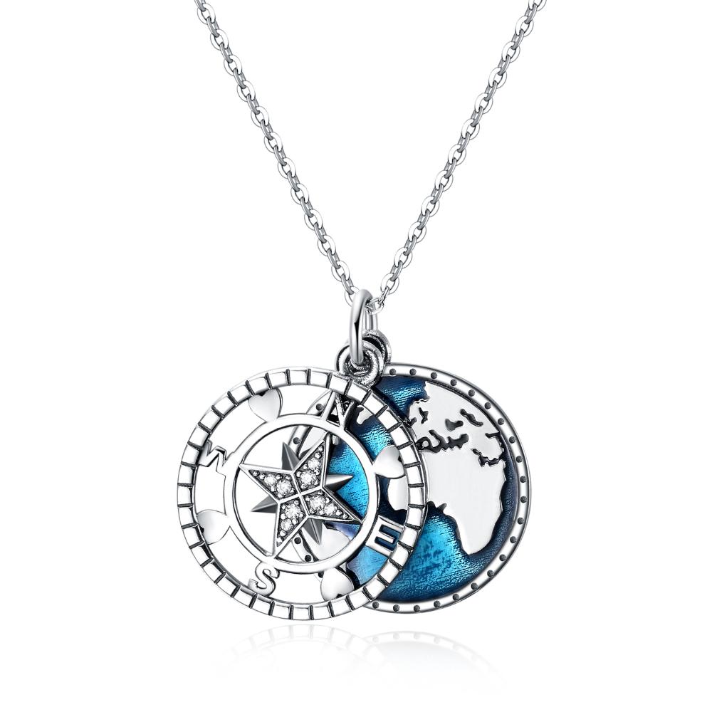 Sterling Silver Navy Anchor Travel Map Necklace Compass Pendant Necklace