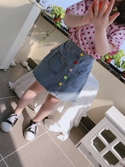 Girls' single row colorful buttoned handsome denim skirt