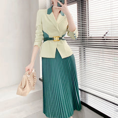 High-end Green Suit Suit Pleated Skirt Two-piece Set
