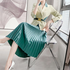 High-end Green Suit Suit Pleated Skirt Two-piece Set