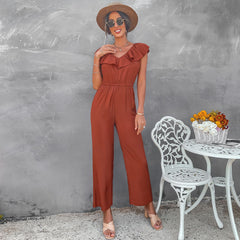 European And American Women's Solid Color Open Back Jumpsuit Summer Off Shoulder Casual Sundress Women Beachwear Jumpsuit Ruffle High Waist Jumpsuits Female Overalls Body Mujer
