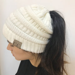 Women Beanietail Messy High Bun Ponytail Stretchy Knit Beanie Skull Warm Hat Women Beanietail Beanie Skull Winter Hat