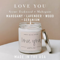 Sweet Water Decor, Love You Candle | Mahogany Teakwood Scented Soy Wax Candle for Home | Valentine's Day Gifts | 9oz Clear Jar, 40 Hour Burn Time