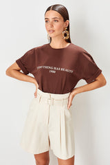 Women's cotton t-shirts brown Printed top