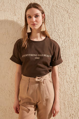Women's cotton t-shirts brown Printed top