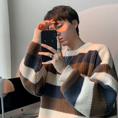 Thick Striped Sweater Men's Loose Round Neck Sweater