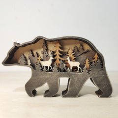 Christmas Decoration Wooden Animal Carving Handcraft Gift Wall Hanging Sculpture 3D Bear Deer Elk Art Decor New Year Ornaments