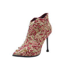 Pointed Toe Stiletto Ankle Floral Rhinestone Women's Boots